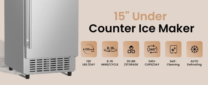 15” Under Counter Ice Maker Machine, 130 Lbs/Day with 30 LBS Storage Bin, Built-in Freestanding Stainless Steel Ice Maker with Auto-Cleaning, Smart LCD Panel, for Commercial & Home Outdoor Use