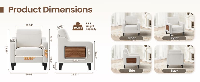 Accent Chair for Living Room Modern Linen Upholstered Armchair Side Wooden Fabric Sofa Chair with Foldable Table 2 Side Pockets Comfy Reading Chair for Bedroom