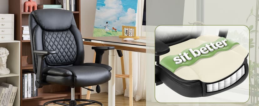 Drafting Chair,Executive Tall Office Chair Flip-up Armrests for Counter Height Desk Drawing Use,High Task Chair with Adjustable Foot Ring & Inflatable Lumbar Support, Swivel Computer Stool,PU Black