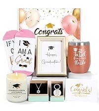 2025 Graduation Gifts,Congratulations Gifts for Her with 12 OZ Wine Tumbler,Candle,Frames,Keychain,Senior College Graduation Gifts for Daughter Son Niece Nephew,Personalized Makeup Bag for Friend