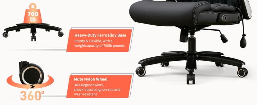 700lbs Big and Tall Office Chair - Heavy Duty Executive Desk Chair with Inflatable Lumbar Support, Extra Wide Padded Seat, Flip-up Arms, Metal Base & Quiet Rubber Wheels, High Back Ergonomic Chair