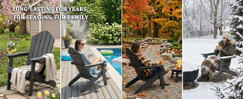LUE BONA HDPS Adirondack Chairs Set of 4, Long-Lasting All-Season Outdoor Patio Chairs, Hidden Cup Holder, 350 LBS, Black