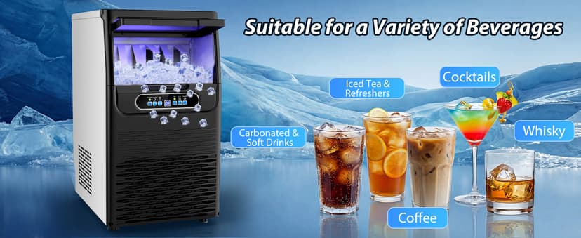 Nugget Ice Maker Machine Commercial, 80lbs/24h Undercounter Sonic Ice Machine with 20lbs Storage Bin & Dual Water Inlet, Chewable Pellet Ice for Restaurant Bar Home, Stainless Steel
