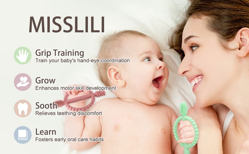 Baby Teething Toys with Easy-Hold Handle, Silicone Infant Toothbrush, Textured On Both Sides Helps Massage, Soothe Sore Gums, Teething Toys for Babies 0-6 Months, 6-12 Months Bright Green & Caramel