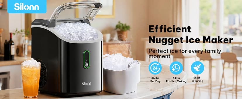 Nugget Ice Maker Countertop, Silonn Chewable Pellet Ice Machine with Self-Cleanin Function, 36lbs/24H Portable Ice Makers for Home Kitchen Officce, Black