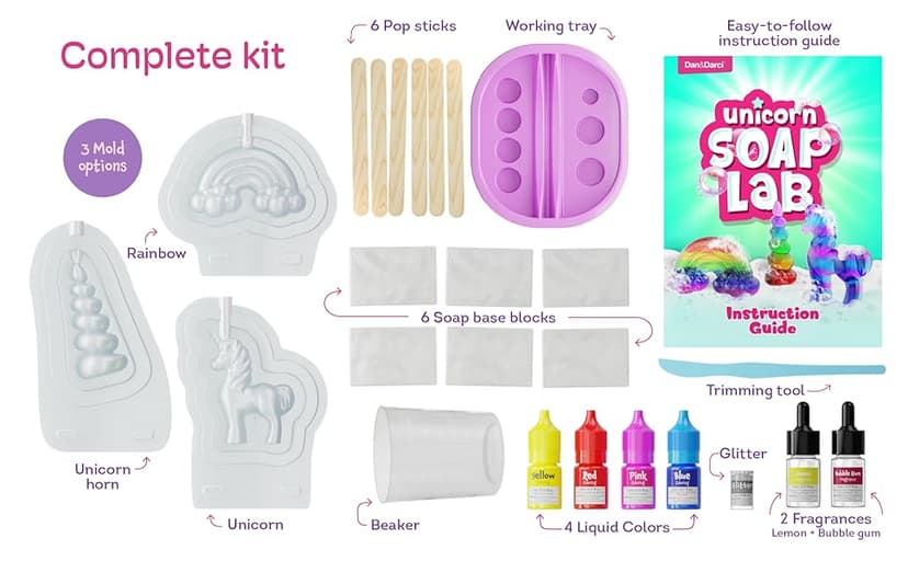 Dan&Darci Unicorn Soap Making Kit - Girls Crafts DIY Project Age 6+ Year Old Kids - Unicorn Girl Gifts - Science STEM Activity Teenage Gift - Make Your Own Soap Kits - Craft Toys Ages 6 7 8 9 10 11 12