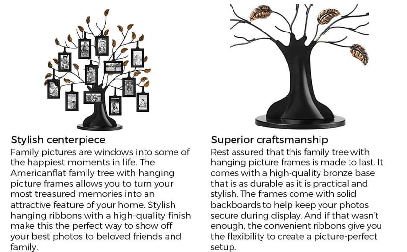 Americanflat Family Tree Picture Frame - Includes 6 Hanging 2x3 Picture Frames - Adjustable Ribbon Tassels - Ideal as Mother’s Day Gifts, Birthday Gifts, or Christmas Decor - Black and Bronze