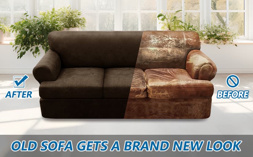 Pfrstuv 4-Piece T Couch Cover - Leather Look Slipcovers for 3 Cushion Sofa, Washable, Coffee