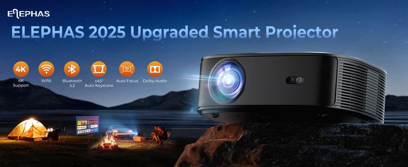 4K Projector with Wifi and Bluetooth, ELEPHAS Outdoor Movie Projector with NETFLIX/Prime Video/YouTube Built-in, 100,000+ Apps Supported, Video Projector Compatible with HDMI/USB/iOS/Android/Windows