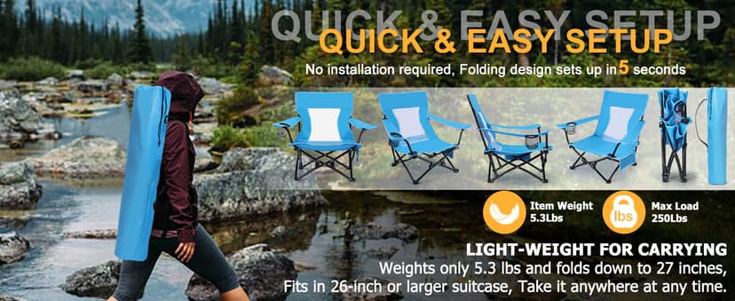Joyfair Beach Camping Chair (2 Pack), Outdoor Folding Lawn Chair for Adult, Heavy Duty Portable Chair with Armrest for Outside Fishing, Sport, Cup Holder & Storage Pocket, Carry Bag (Blue, Classic)