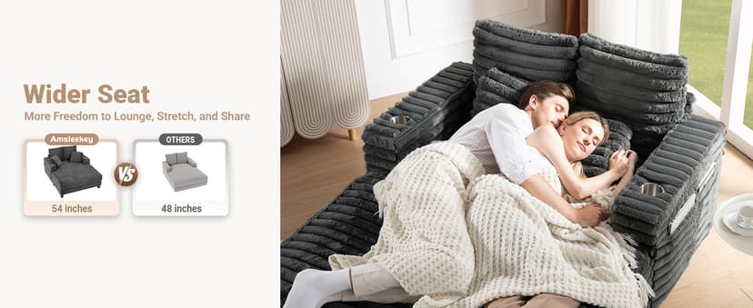 Amsleekey 64" Chaise Lounge Chair Indoor, Oversized Sleeper Chair with Wood Frame, Upholstered Sofa Bed for Living Room, Movie Room, Bedroom with 4 Storage Pockets&2 Cup Holders(Plush Corduroy, Grey)