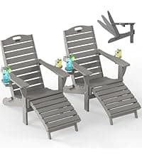 Ciokea Folding Adirondack Chair with Retractable Ottoman Fire Pit Patio Chair with Pull Out Foot Rest Weather Resistant Lawn Outdoor Lounge Chair with 2 Cup Holder (Grey)