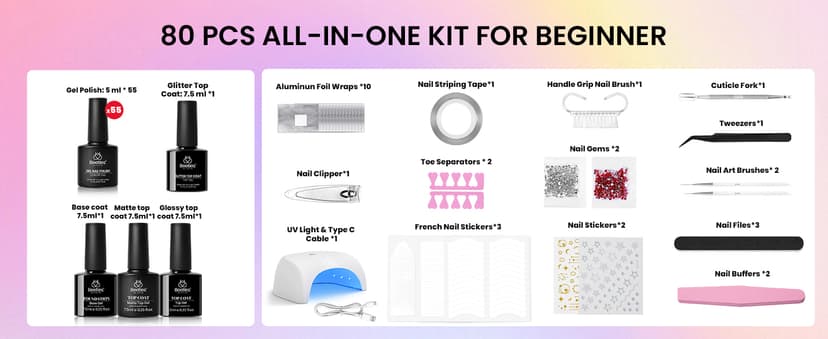 Color Enchantment with Everything Base Top Coat Beginner Starter at Home Nails Kit Manicure DIY Salon Tools Gifts for Women Beetles Gel Nail Polish Kit with U V Light - 80Pcs 55 Colors Gel Nail Kit B0CL4RWBYR