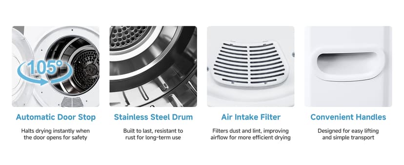 Feelfunn 110V Portable Dryer – 850W Compact Clothes Dryer with 4 Automatic Drying Modes, Stainless Steel Tub, Simple Control Knob for Apartments, Dorms & Small Spaces