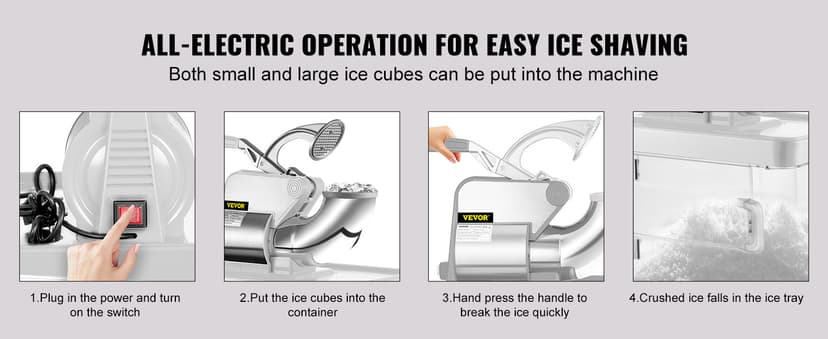 VEVOR 110V Commercial Ice Crusher 661LBS/H, ETL Approved 300W Electric Snow Cone Machine with Dual Blades, Stainless Steel Shaved Ice Machine with Safety On/Off Switch for Family, Restaurants, Bars