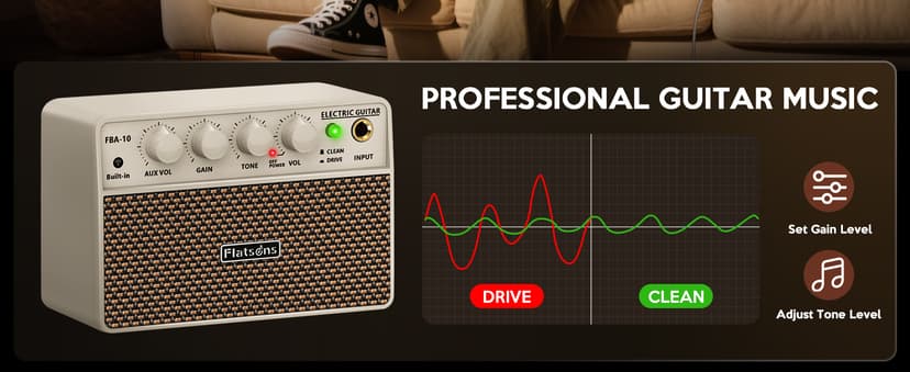 Flatsons FBA-10 Guitar Amp, 10W Mini Electric Guitar Amplifier with Clean/Drive Channel, 6H Work, USB-C Rechargeable, 3.5mm Headphone/AUX, Wireless Portable Amp for Indoor Practice, Travel (White)