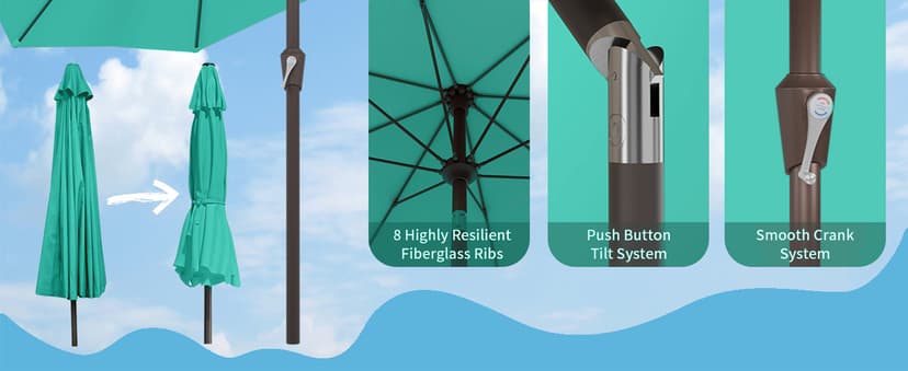9FT Patio Umbrella with Fiberglass Ribs, Outdoor Market Table Umbrella with Crank and Tilt, UV Resistant Waterproof Canopy for Patio, Garden, Deck, Pool, Turquoise Blue