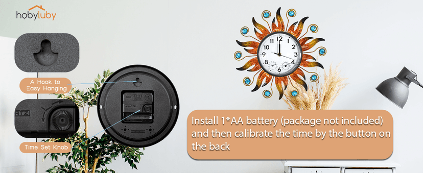 HOBYLUBY Sun Outdoor Clock with Thermometer and Hygrometer Combo, Silent No-Ticking Outdoor Wall Clock, Waterproof Quartz Clock for Patio, Living Room, Kitchen, Garden, 13 Inch