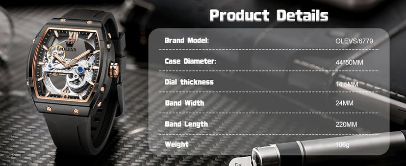 OLEVS Watch for Men Skeleton Automatic Tonneau Silicone Strap Business Luxury Waterproof Luminous Mechanical Men Wrist Watch