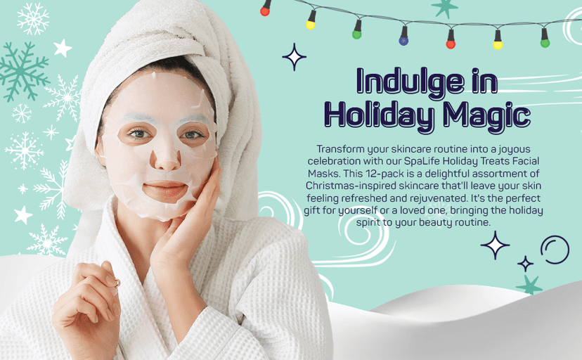SpaLife Holiday Treats Facial Masks 12-Pack Assorted - Festive Christmas Skincare for Hydration and Refreshment - Gingerbread, Sundae, Cocoa & Eggnog