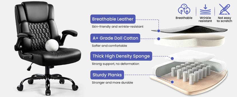 OFIKA Leather Office Desk Chair,Ergonomic Office Chair with Lumbar Support,Computer Chair,Executive Leather Chair with Padded Flip-up Arm,Adjustable Armrests, Black,275LBS