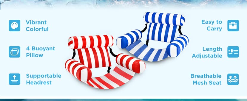 Funscape Pool Floats Chairs Adult, 2 Packs Heavy Duty Inflatable Swimming Pool Lounges, Fabric Floating Hammock Seat, Kid Blow Pool Noodle Lake Raft Floaties, Fun Summer Beach Water Party Game-Stripe