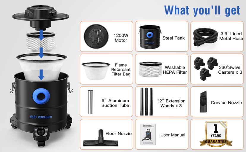 Oragerju Ash Vacuum, Pellet Stove Vacuum Cleaner, 5.3 Gallon, 20kPa, 1200W Powerful Motor with Blower Function, On Wheels and HEPA Filter, The Ash Vacuum for Pellet Stoves & Wood Stoves