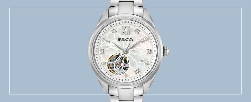 Bulova Ladies' Classic Diamond 3-Hand Automatic in Stainless Steel, Mother-of-Pearl Dial and Open Aperture Dial