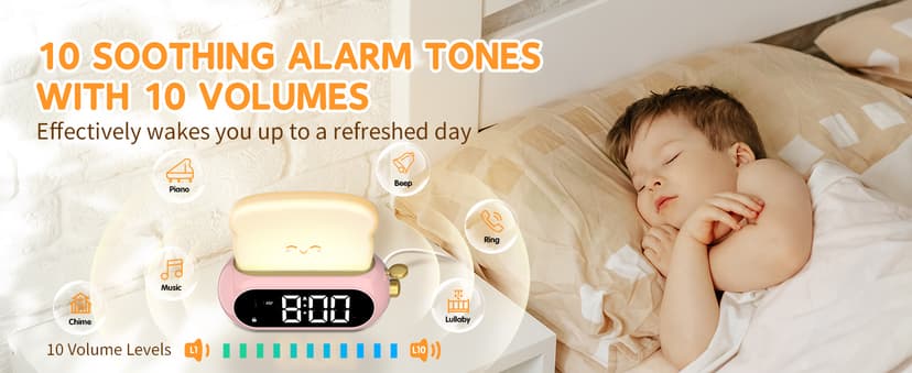Cute Digital Clock for Bedrooms, Kids Alarm Clocks with Night Light Lamp, 10 Alarm Tones, Adjustable Brightness, Nap Timer, Snooze, Power-off Memory, Bedside Clocks for Girls Kids Teens Birthday Gifts