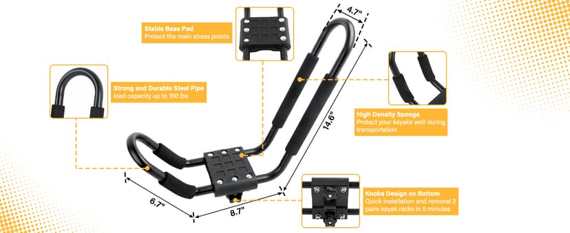 PIRIPARA Kayak Roof Rack 2 Pairs J-Bar Carrier Holder for Canoe, SUV, Cars, Truck, Surf Ski, Car Top Mount Racks for Trip, Set of 4