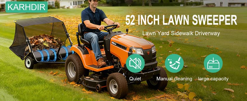 KARHDIR 52 in Tow Behind Lawn Sweeper, 26 cu.ft. Large Yard Sweeper, Adjustable Sweeping Height, Heavy Duty Leaf & Grass Collector with Dumping Rope, Pull Behind Sweepers for Debris Grass Clippings