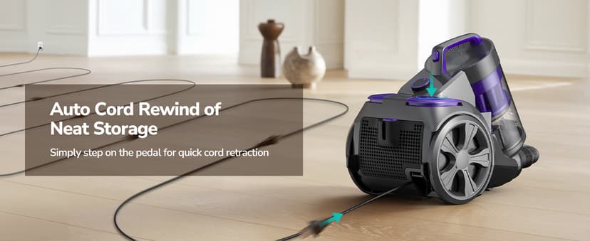 Aspiron 1700W Canister Vacuum Cleaner, 45Kpa Bagless Vacuum Cleaner, Multi-Cyclonic Filtration, 2 Anti-Allergen HEPA Filters, 3.5QT Dust Cup, 4 Tools, Corded Vacuum for Hard Floor, Pet Hair, Violet