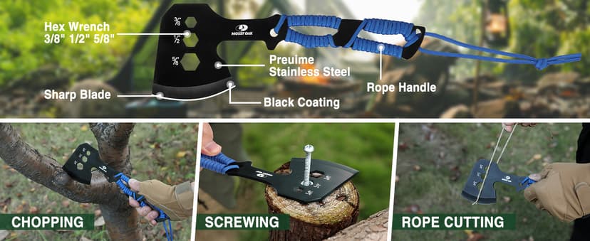 Mossy Oak Hatchet and Machete Knife Set with Sheath, One-Piece Axe & Hunting Knives with Paracord Handle, Zoomable Flashlight, Many Other Tools, Ideal Gift for Men Who Likes Hunting Outdoor Adventure