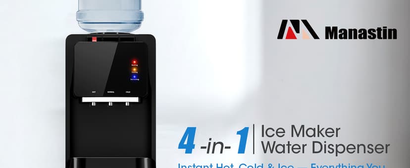 Manastin 4-in-1 Water Dispenser with Ice Maker, Hot & Cold & Room Temperature Top Loading Water Cooler with Fast Ice Making, Compatible with 3–5 Gallon Bottles, for Home and Office, Space Black