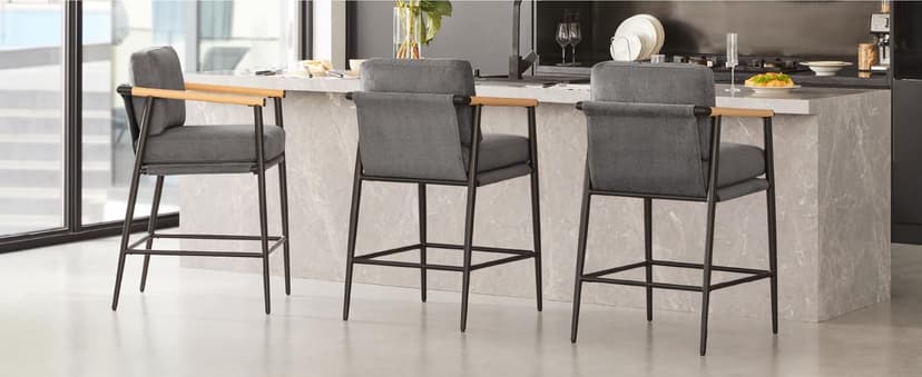 Watson & Whitely Mid Century Modern Barstools Set of 2, 26" H Upholstered Counter Height Bar Stools with Wood Armrests and Metal Legs, Fabric in Beige