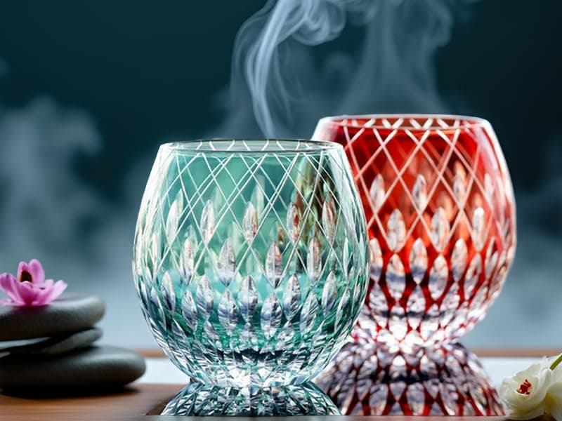 JINZHI Japanese Style EDO Kiriko Whiskey Glasses 11OZ Unique Shape Colored Hand Carved Glass Tumbler for Bourbon Lovers - Style Glassware for Rum - Rocks glasses in Gift Box (Blue)