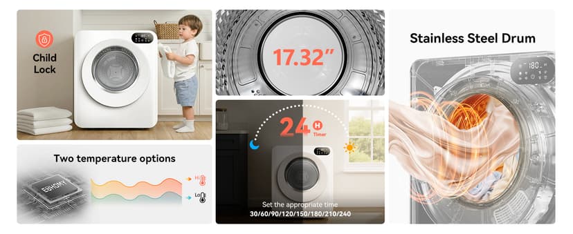 Euhomy 1.5 Cu.Ft Portable Clothes Dryer, 850W Clothes Dryer with Stainless Steel Drum, 4 Functions, LED Control, Drying Machine for Apartments, Laundry, Dorm, Small Space, White