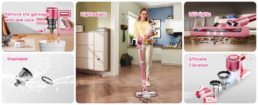Cordless Vacuum Cleaner, 38Kpa Powerful Stick Vacuum Cleaner with 45mins Rechargeable Battery, LED Anti-Tangle Brush, 8-in-1 Handheld Vacuum Cleaners for Home/Pet Hair/Carpets/Floors, Pink