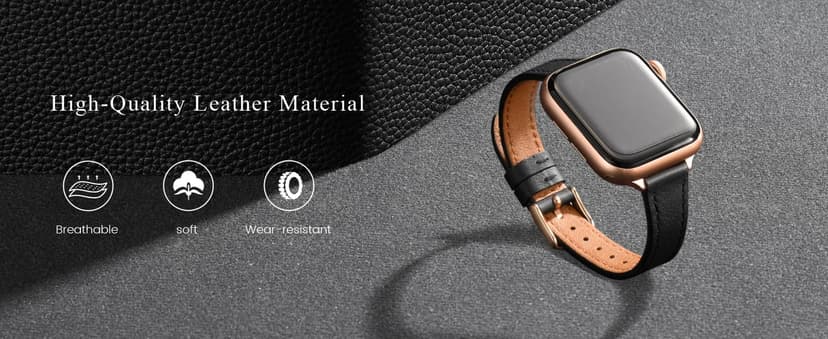 STIROLL Slim Leather Bands Compatible with Apple Watch Band 38mm 40mm 41mm 42mm(Series 11 10), Top Grain Leather Watch Thin Wristband for iWatch SE 9 8 7 6 5 4 3 2 1 (Black Rose Gold)