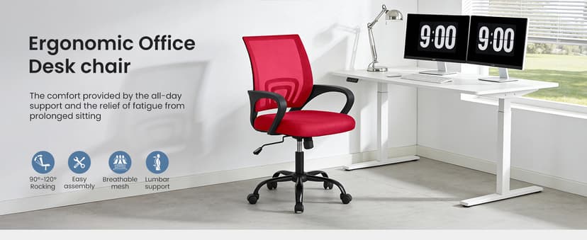 DUMOS Home Office Chair - Ergonomic Mid Back Mesh Desk Chair with Lumbar Support & Rocking Mode, Height Adjustable with Fixed Armrest, for Computer, Gaming, Meeting, 360° Swivel, Red