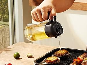 TrendPlain 16oz/470ml Glass Olive Oil Sprayer for Cooking – 2 in 1 Olive Oil Dispenser Bottle for Kitchen Gadgets and Air Fryer Accessories, Salad, BBQ - Black