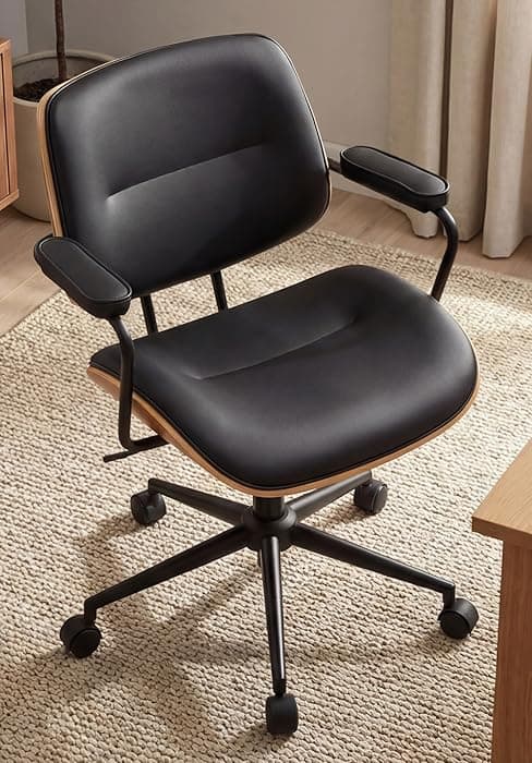 Mid Century Modern Office Chair, Fixed Back Rolling Desk Chair with Armrests and Walnut Back, Adjustable Height for Home Office, Beige