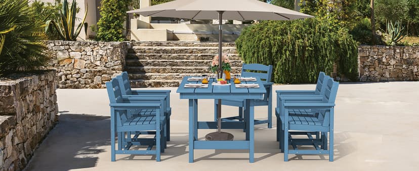 SERWALL 7-Piece Patio Dining Table Sets, Outdoor HDPE Dining Furniture Set with Umbrella Hole Cut-Out Table and 6 Chairs, Blue
