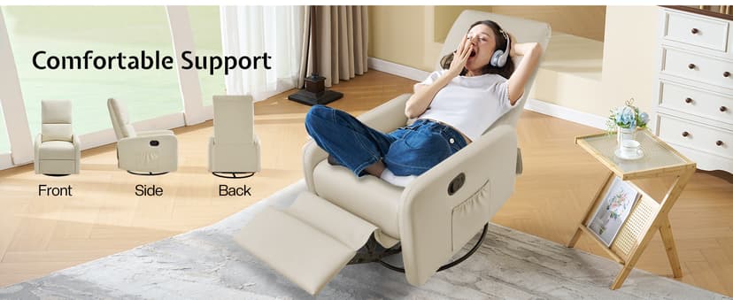 Jocisland Swivel Glider Rocking Recliner Chair for Adults, Nursery Rocker Reclining, Comfy Upholstered Single Sofa Armchair for Living Room Bedroom Nursing, Leather Cream