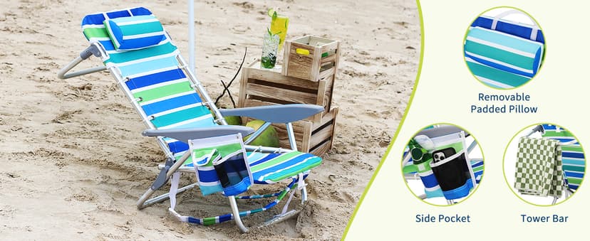 GarveeLife Backpack Beach Chair for Adults 2 Pack, Lightweight Portable Lay Flat Folding Beach Chair with 5 Positions, Backpack Straps, Phone Pocket, Cup Holder & Towel Bar, Support to 350LBS