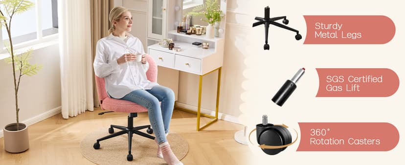 Furniliving Velvet Vanity Chair with Wheels, Adjustable Height Swivel Desk Chair& Lumbar Support, Armless Upholstered Makeup Chair for Bedroom Home Office Study Room (White, Flower)