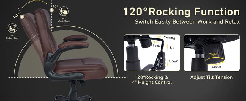 Home Office Chair with Lumbar Support, 5" Thickened Seat, Small PU Leather Rocking Desk Chair, Comfy Computer Chairs with Rolling Wheels & Adjustable Armrests for Adults, Brown
