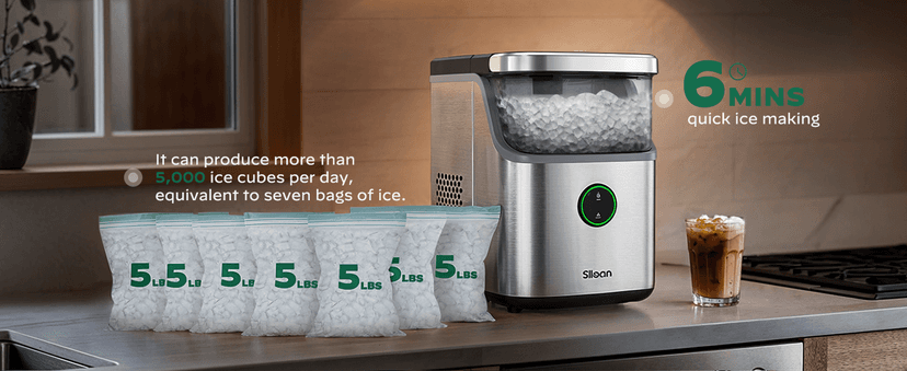Silonn Nugget Ice Maker Countertop, Ice Basket with Handle, Quiet Operation & Self Cleaning Ice Machine, Chewable Ice, 33 lbs/24H, Portable Pellet Ice Maker with Scoop for Home, Kitchen and Office
