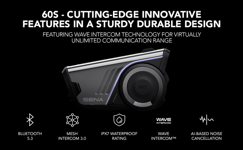 Sena 60S Motorcycle Communication Headset with Wave, Mesh, and Bluetooth Intercom, 2nd Generation Sound by Harman Kardon