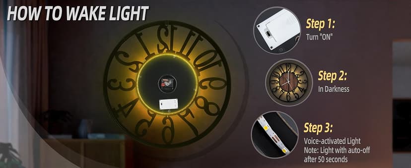 LEIKE Large Wall Clocks with Night Light Battery Operated,Silent Non Ticking,Rustic Modern Big Wood Clock for Living Room, Bedroom,Kitchen,Farmhouse,Office,Home Decor-20 Inch(Black-Arabic Number)